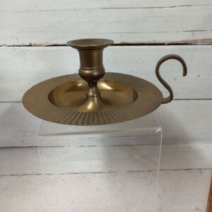 Vintage Brass Chamberstick Candle Holder Ribbed Edge Finger Loop Taper Holder